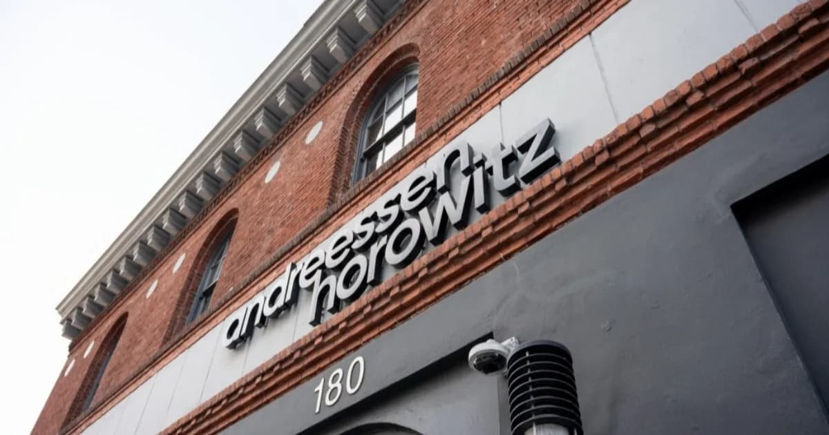 Ilustrasi logo Andreessen Horowitz dengan latar infrastruktur pusat data AI