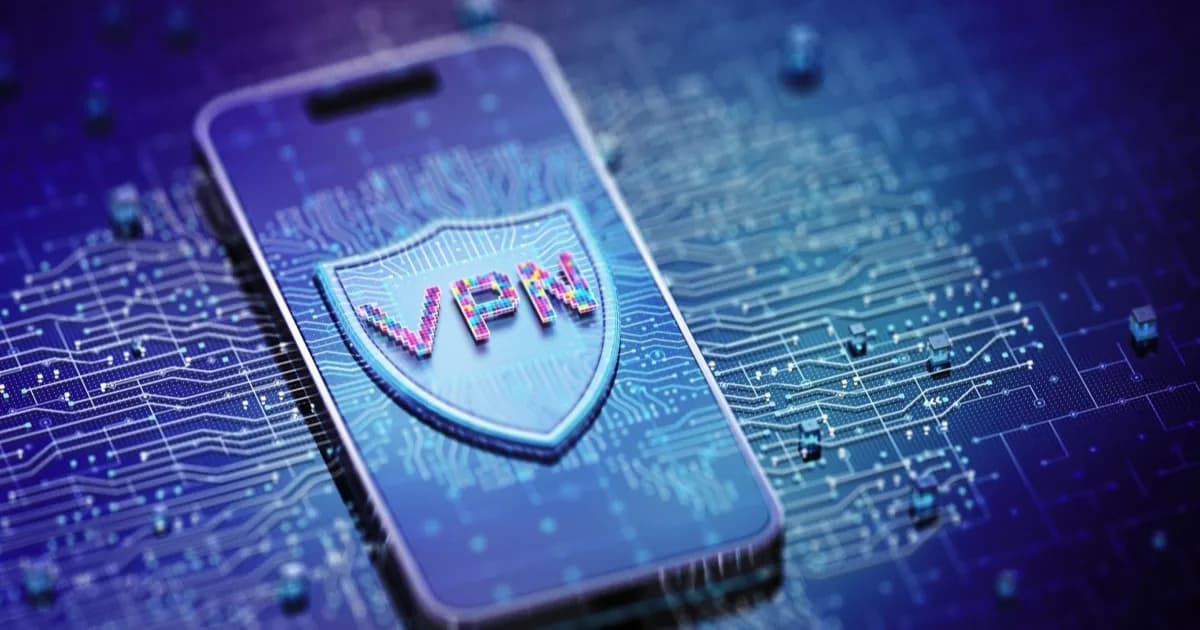 Ilustrasi keamanan VPN dengan ikon perisai dan gembok digital