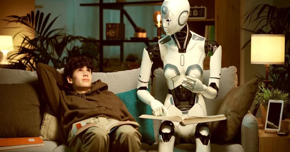 Ilustrasi robot AI humanoid membantu anak yang sedang mengerjakan pekerjaan rumah