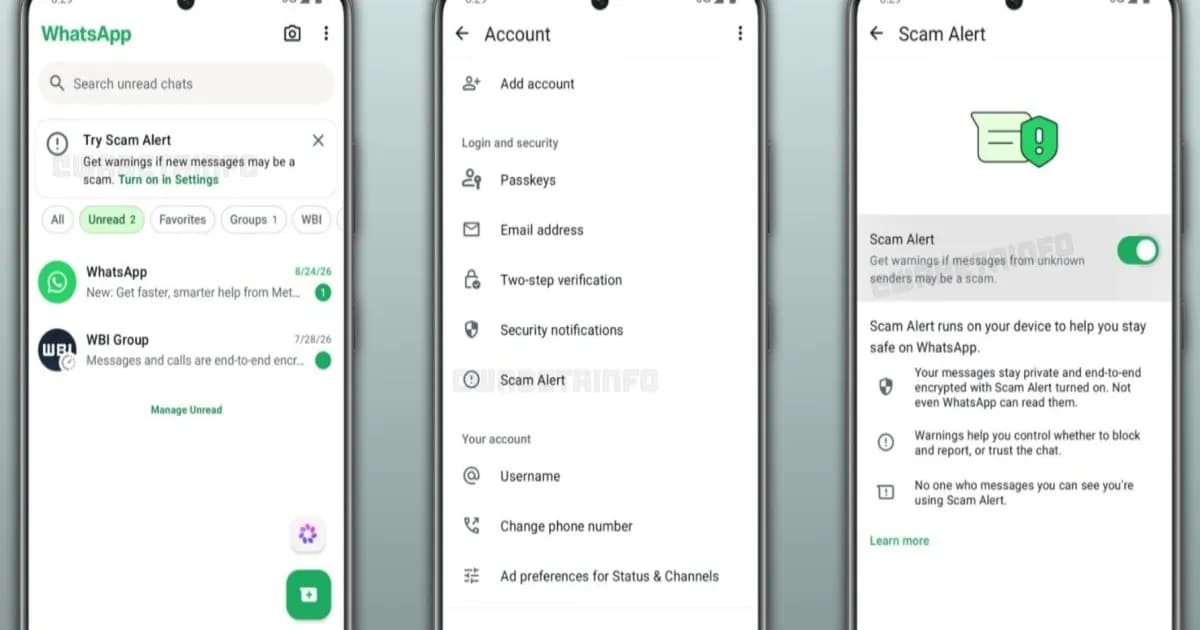 Ilustrasi fitur Scam Alert WhatsApp yang mendeteksi pesan penipuan di perangkat Android