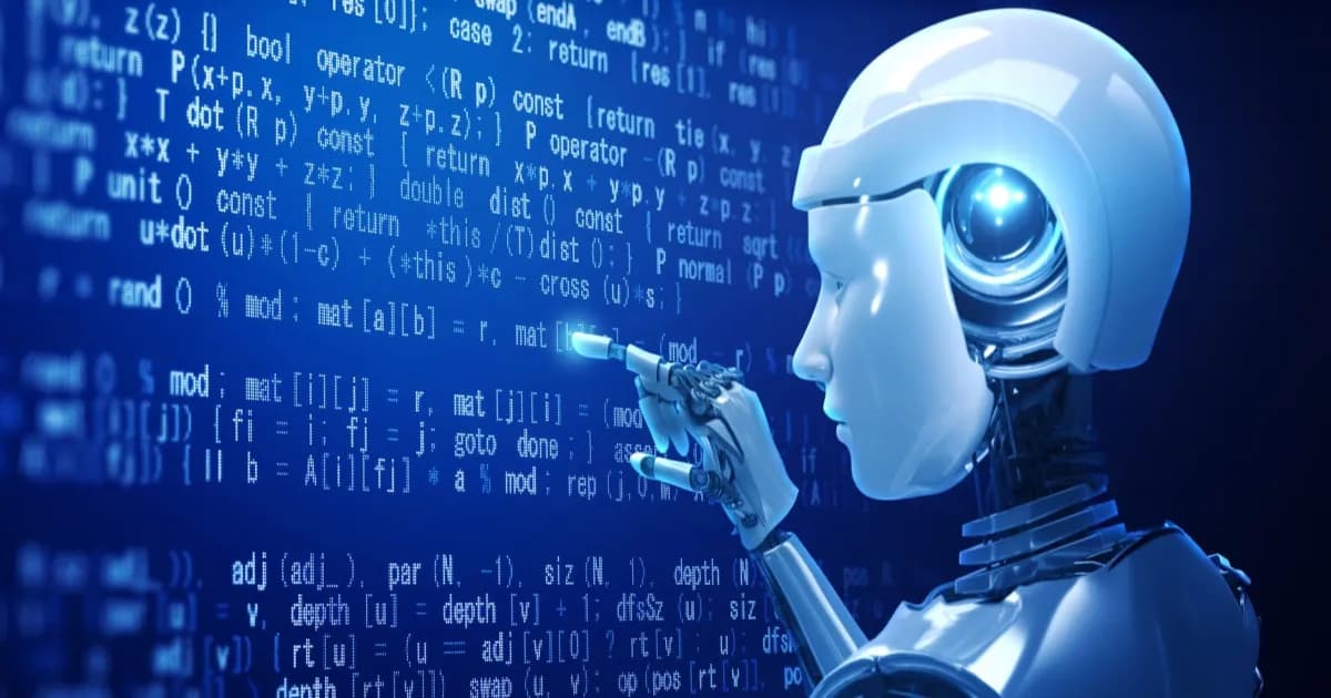 Ilustrasi robot di depan layar digital yang menyentuh simbol dengan jari, menggambarkan AI agents yang mengeksekusi perintah dari dokumentasi