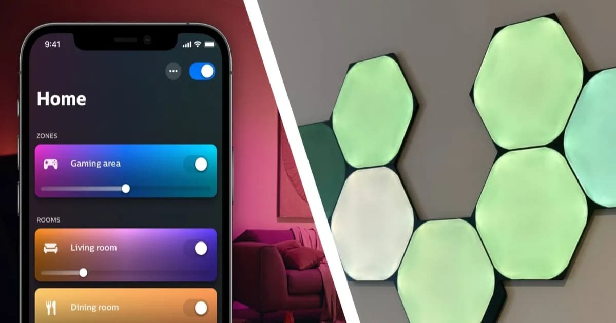 Ilustrasi aplikasi Philips Hue di samping panel Nanoleaf Shapes