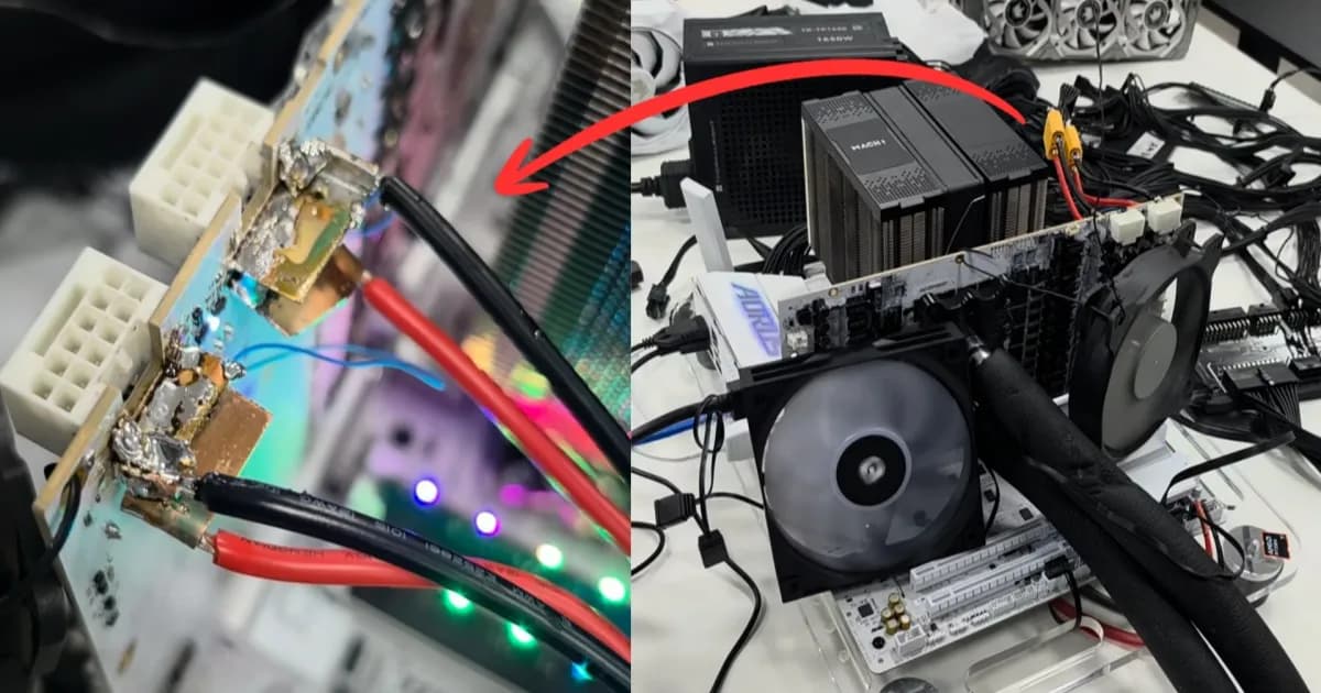 Proses penyolderan kabel daya langsung ke PCB RTX 5090 oleh TecLab
