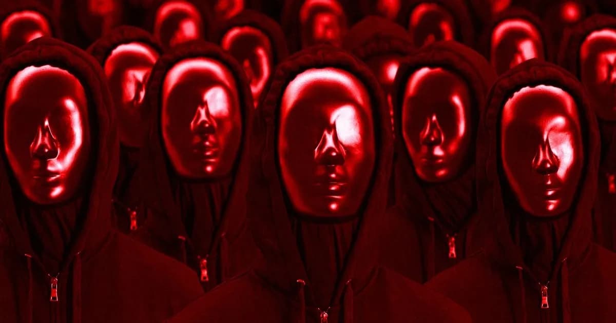 Ilustrasi sekelompok orang mengenakan hoodie dan masker menggambarkan perilaku manusia yang semakin robotik akibat interaksi dengan AI