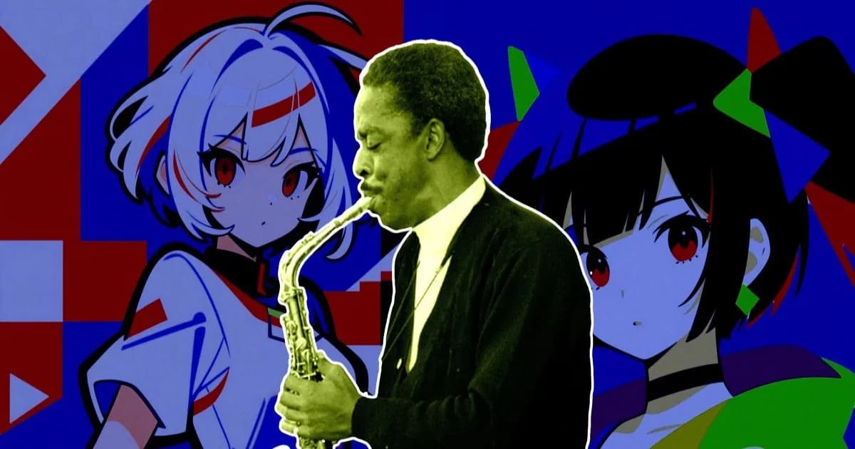 Kolase foto musisi jazz Sonny Criss dengan gambar anime waifu AI di latar belakang
