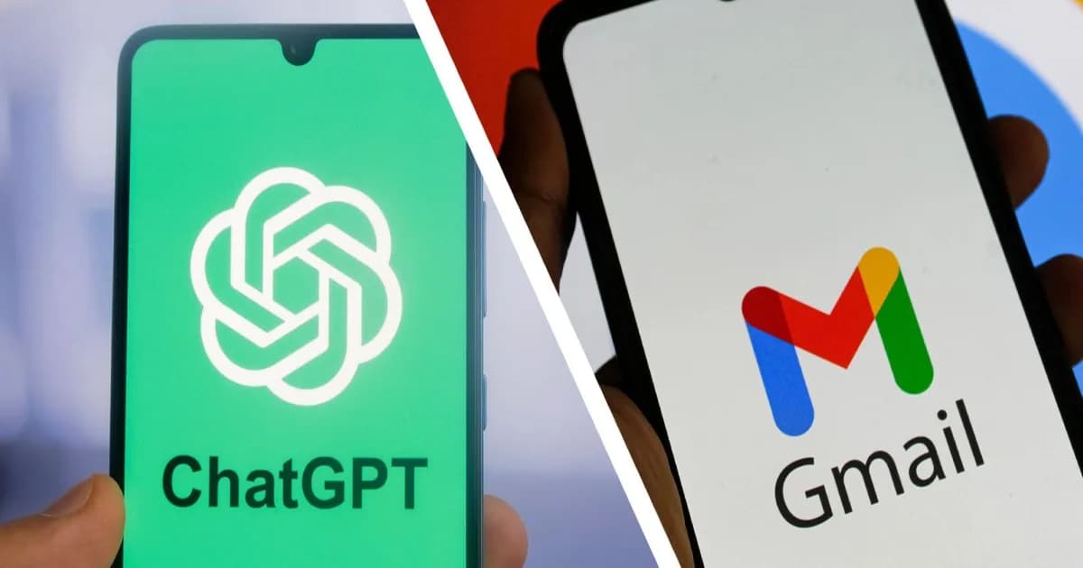 Ilustrasi ChatGPT dan Gmail pada layar ponsel untuk fitur event-triggered tasks