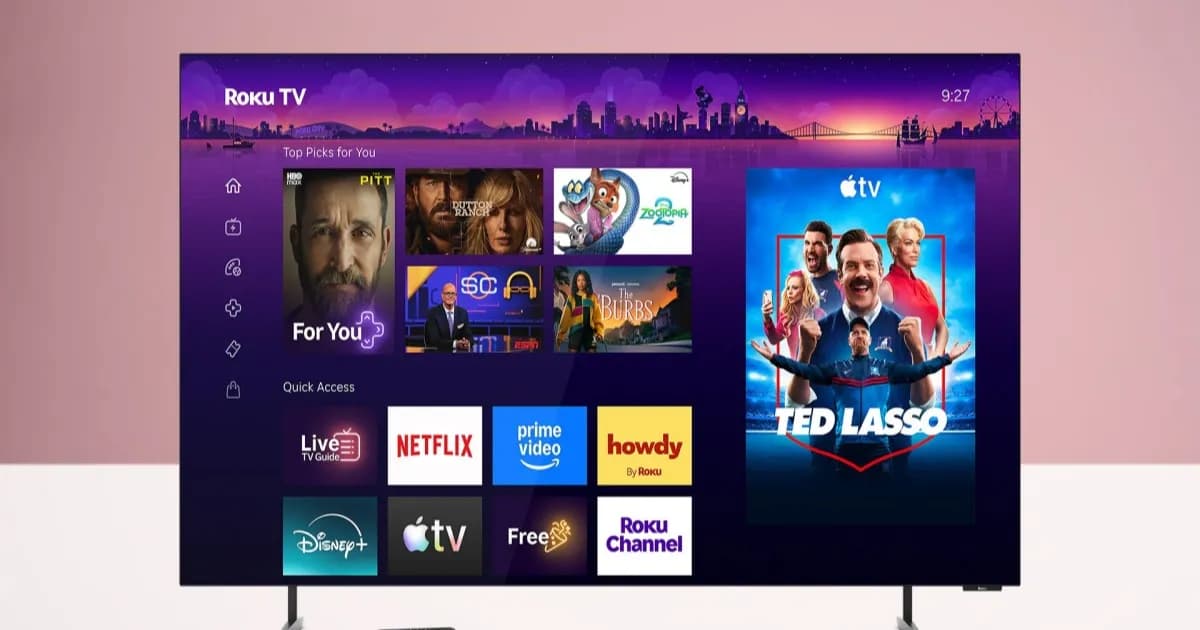 TV OLED Roku Pro Series dengan desain tipis dan stand adjustable di ruang keluarga modern