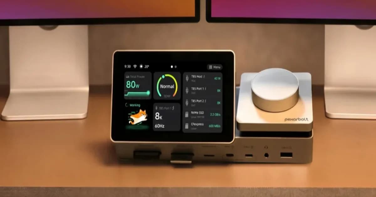 Lexar PexarBolt Ultra TBT5 Dock terhubung ke laptop melalui kabel Thunderbolt 5