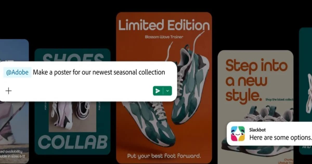 Tampilan antarmuka Slackbot yang terintegrasi dengan berbagai aplikasi Adobe untuk memudahkan alur kerja kreatif