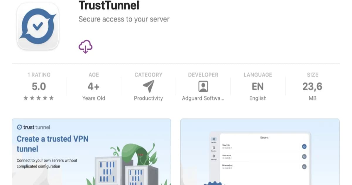 Tampilan protokol VPN TrustTunnel AdGuard di Mac App Store