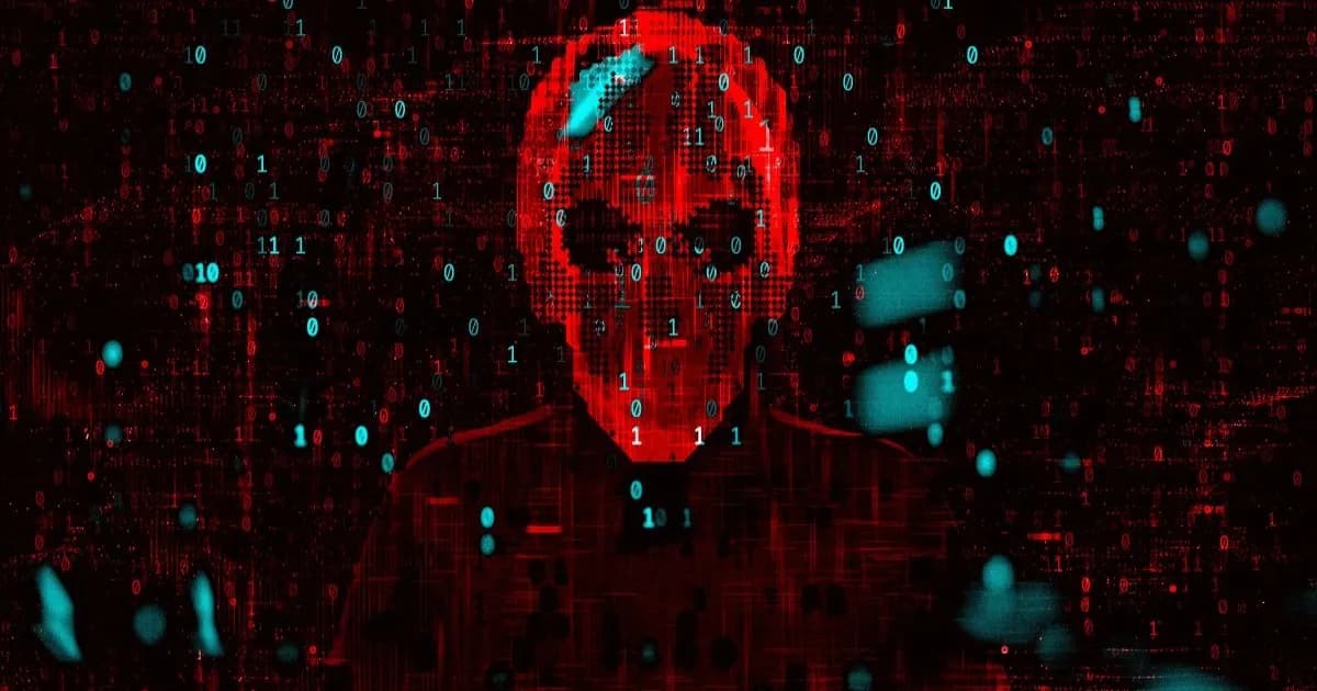 Ilustrasi foto tengkorak yang dikelilingi oleh kode program sebagai representasi model AI Hacker-Opus