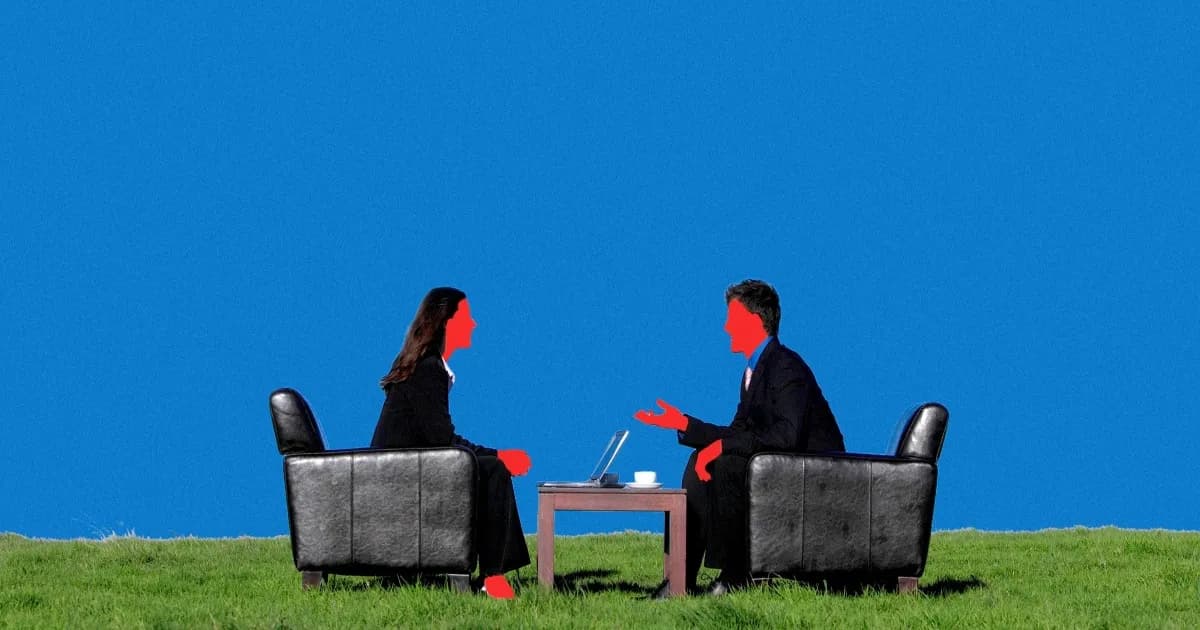 Ilustrasi wawancara kerja antara AI recruiter dan ChatGPT Voice yang mewakili kandidat manusia