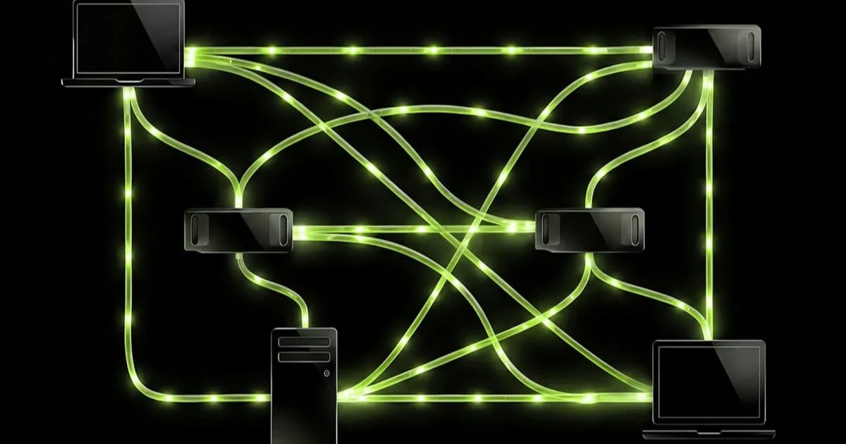 Ilustrasi jaringan Nvidia Personal AI Router yang menghubungkan beberapa perangkat untuk komputasi AI terdistribusi