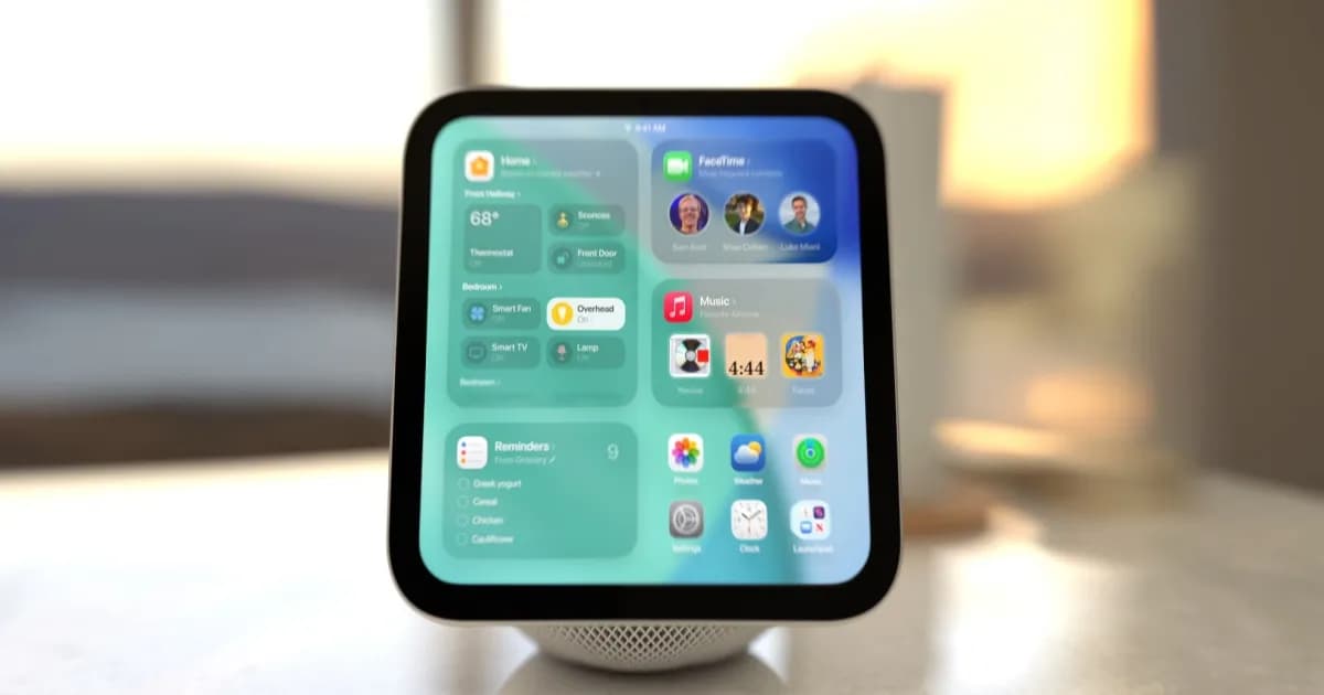 Ilustrasi desain Apple HomePad yang dipasang di dinding dengan layar menampilkan widget