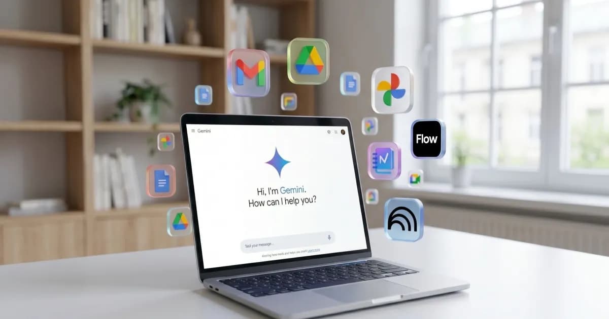 Ilustrasi laptop dengan asisten AI Gemini dan ikon aplikasi Google Workspace mengambang