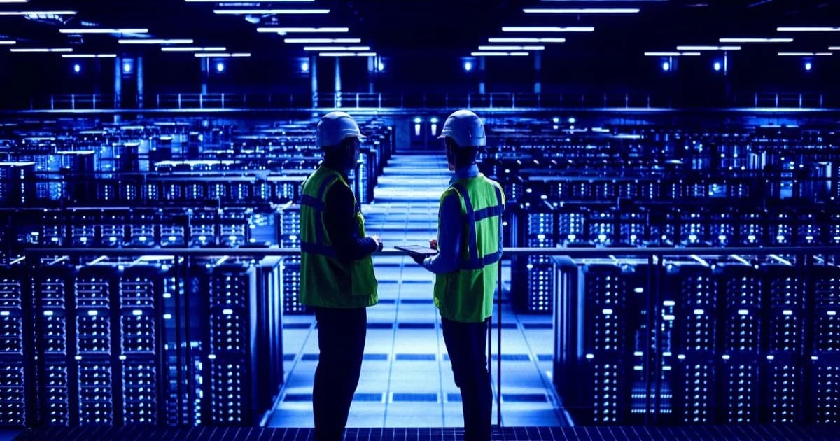 Spesialis IT berbicara di dalam pusat data di Texas