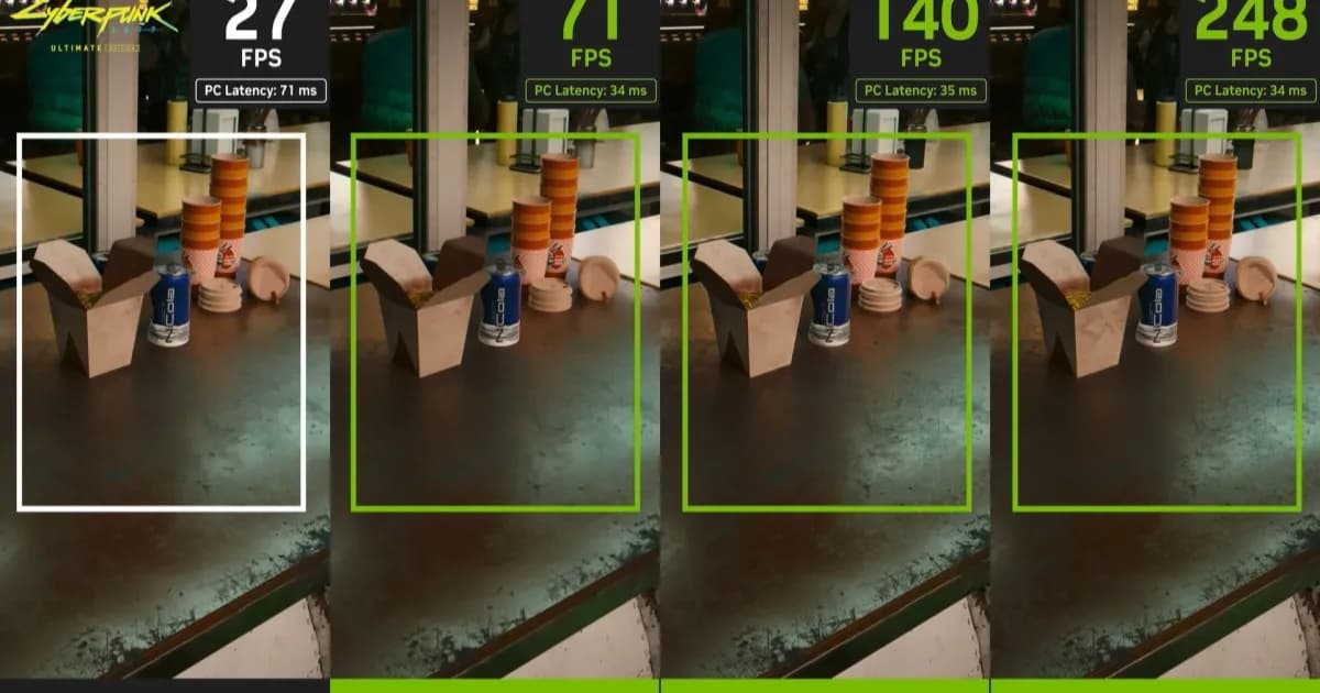 Ilustrasi slide Nvidia yang menampilkan keunggulan teknologi DLSS Multi-Frame Generation untuk GPU RTX 50 series
