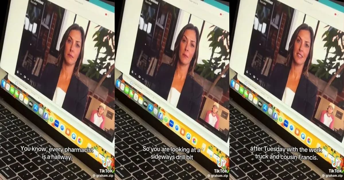 Layar laptop menampilkan panggilan video wawancara kerja antara avatar AI perekrut "Whitfield, Recruiter" dan kandidat pria berkemeja pink dengan topi krem, dengan subtitle menampilkan jawaban acak kandidat dan username TikTok @graham.zip di pojok kanan bawah