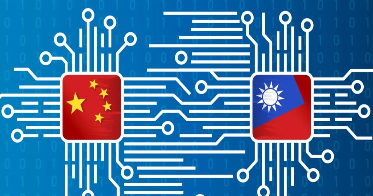 Bendera Taiwan dan China di atas cetakan semikonduktor menggambarkan konflik teknologi