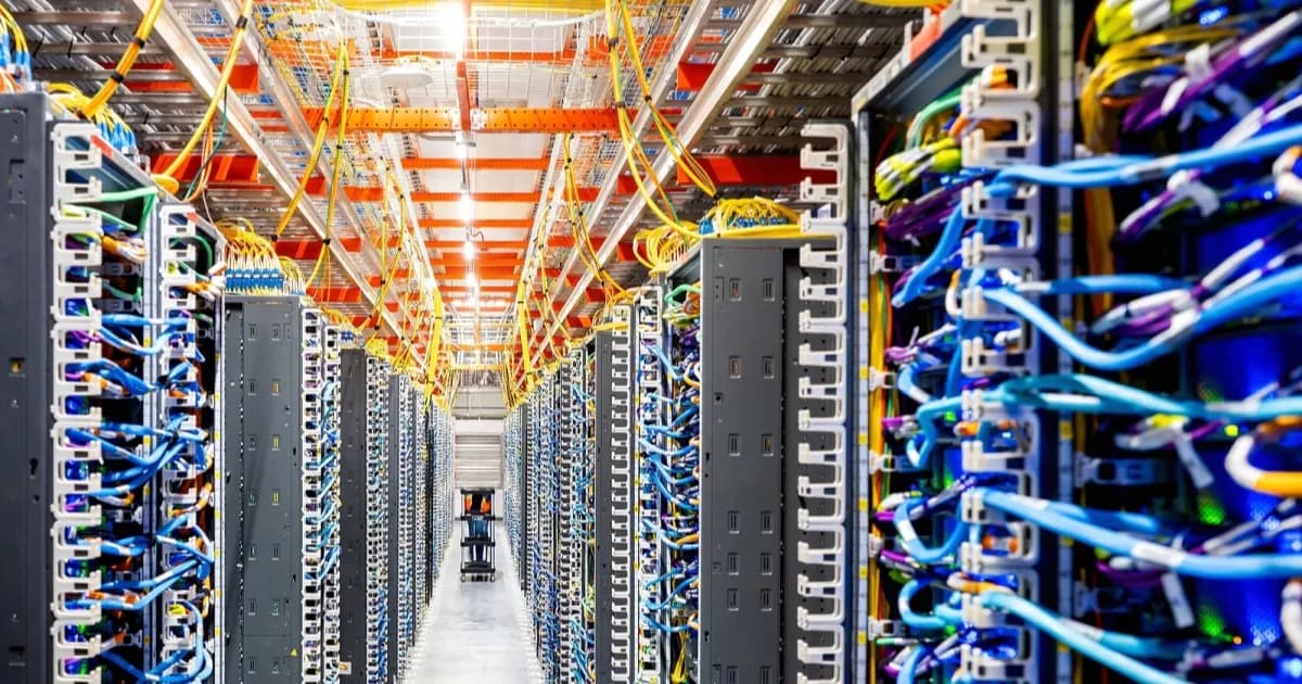 Ilustrasi data center dengan server dan infrastruktur AI