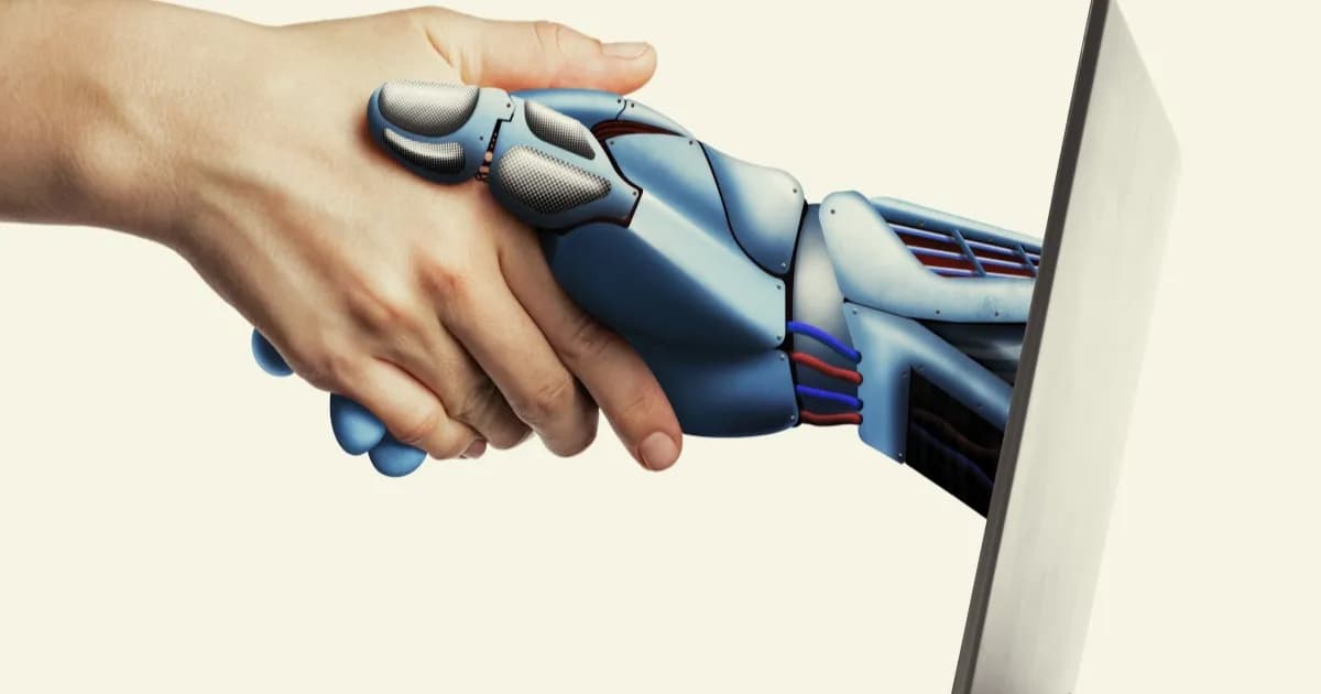 Ilustrasi tangan manusia dengan kecerdasan buatan melalui laptop