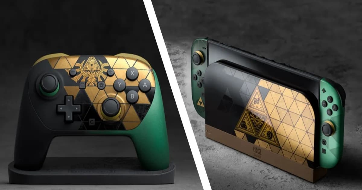 Nintendo Switch 2 The Legend of Zelda 40th Anniversary Edition dengan Joy-Con hijau dan dock emas hitam