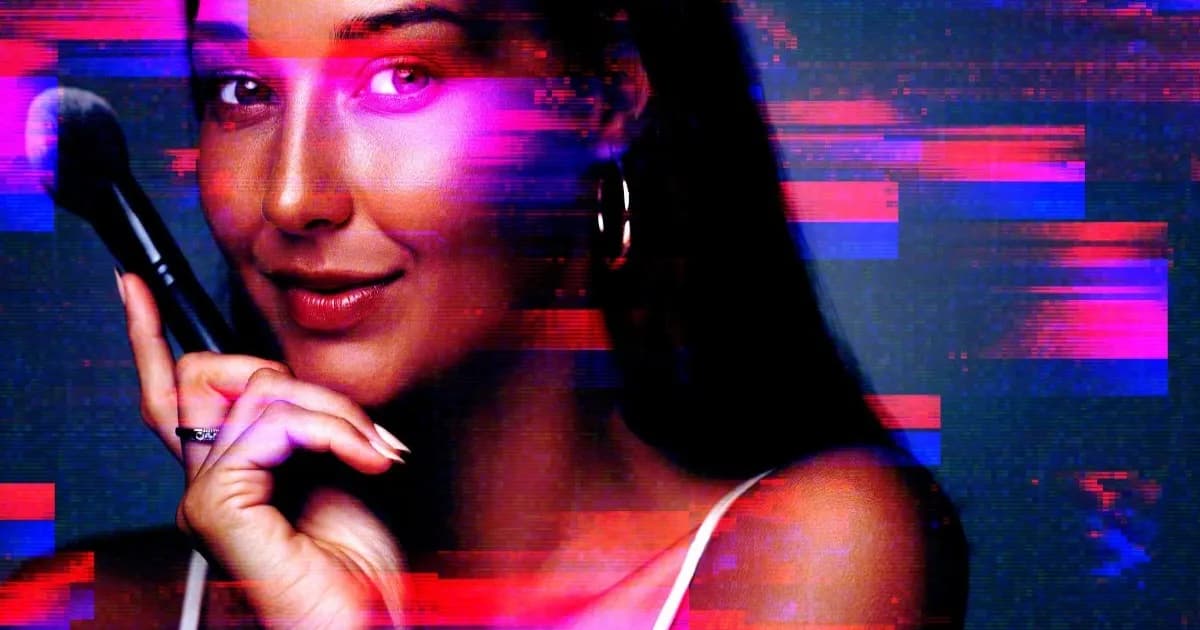 Ilustrasi foto seorang wanita memegang kuas makeup dengan nuansa fashion