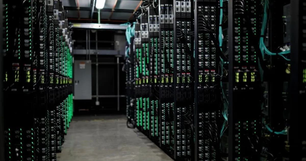Ilustrasi gedung data center AI dengan pencahayaan biru yang menjadi simbol infrastruktur komputasi modern