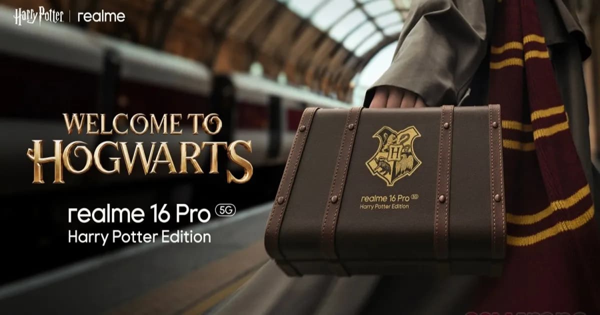Realme 16 Pro Harry Potter Edition dengan desain frame bertuliskan Welcome to Hogwarts