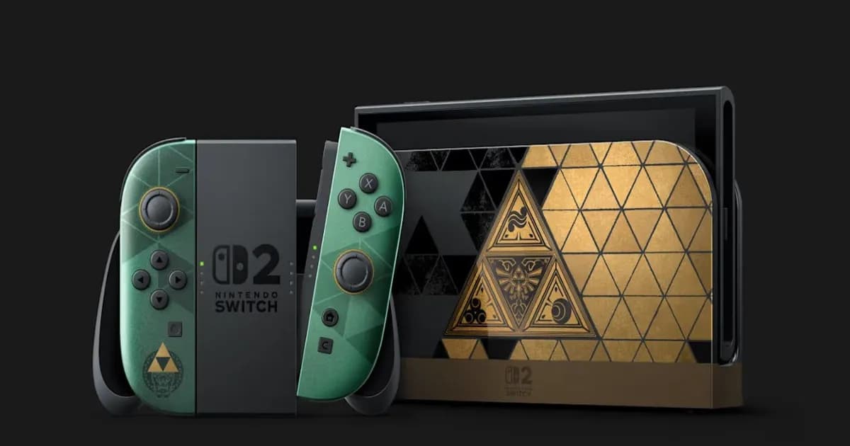 The Legend of Zelda 40th Anniversary Edition Nintendo Switch 2 dengan Joy-Con hijau dan simbol Tri-Force