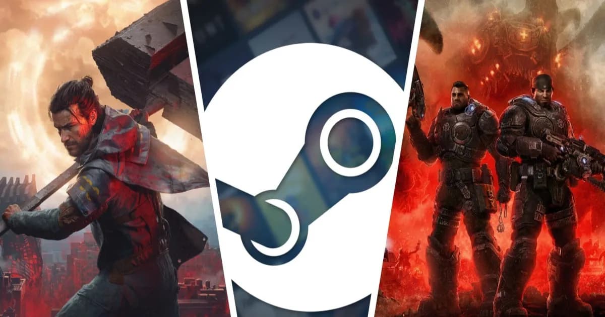 Ilustrasi kebocoran achievement Steam yang menampilkan game art Control Resonant, logo Steam, dan Gears of War E-Day