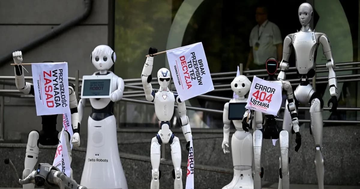 Robot humanoid dan quadruped mengikuti demonstrasi menuntut regulasi pengembangan kecerdasan buatan di Warsawa, Polandia