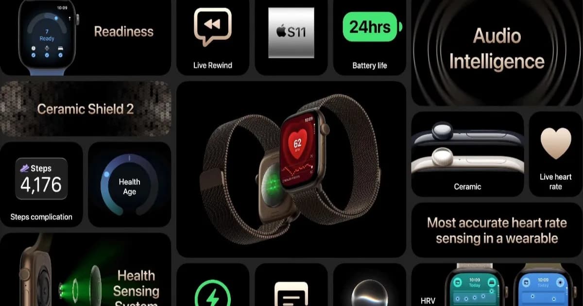 Apple Watch Series 12 dengan tampilan layar menampilkan berbagai metrik kesehatan dan kebugaran