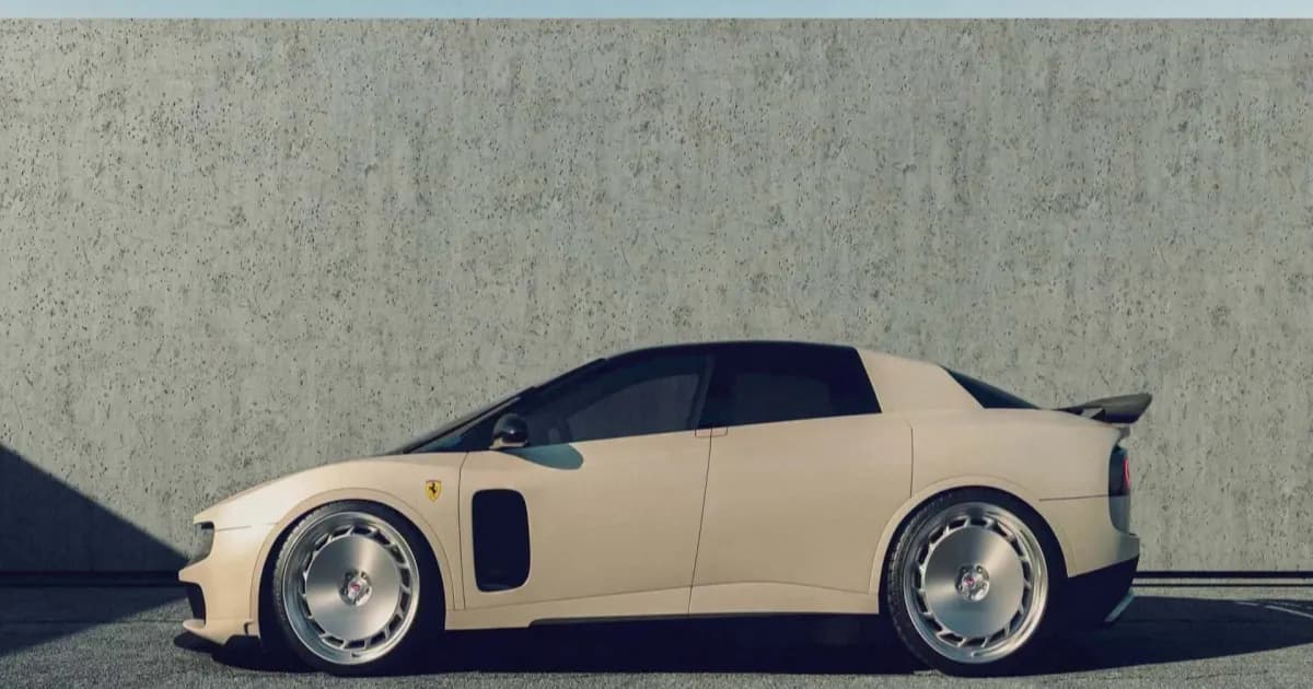 Ferrari Luce EV berwarna abu-abu dengan roda G2-13T besar dari Vossen Wheels dan stance rendah