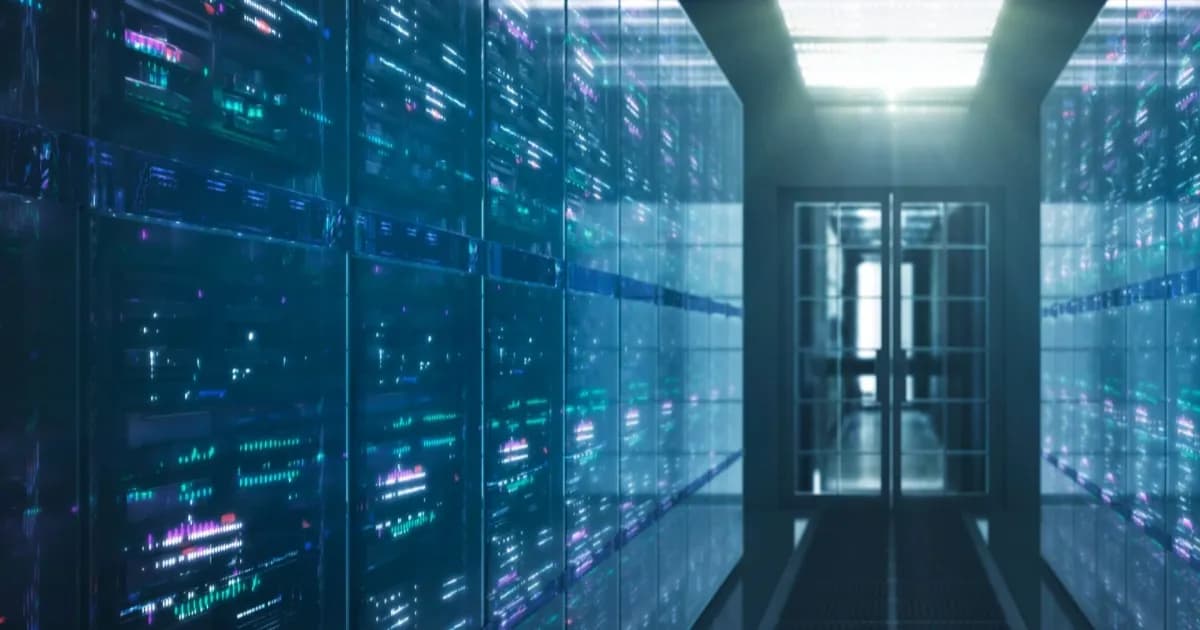 Ilustrasi data center dengan rak server dan lampu menyala terang