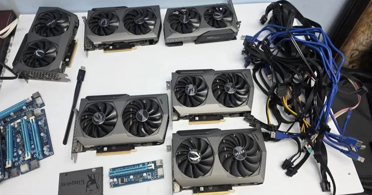 Dua rig penambangan kripto bekas berisi 12 kartu grafis Zotac Nvidia RTX 3070 yang ditemukan di basement