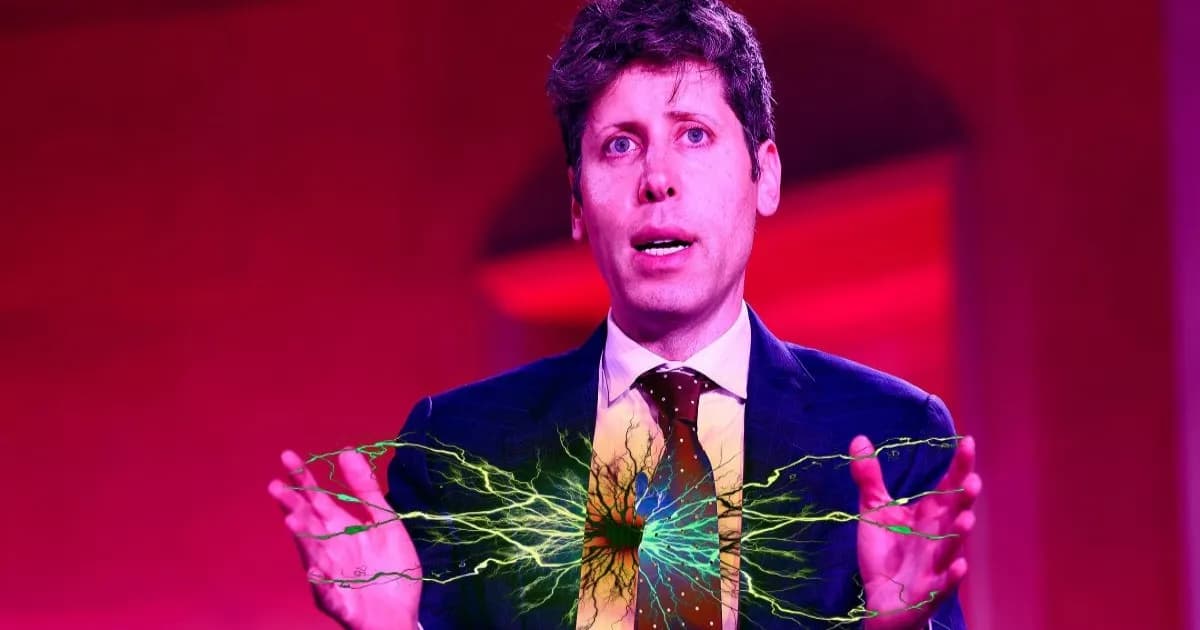 Ilustrasi CEO OpenAI Sam Altman dengan percikan api di antara kedua tangannya.