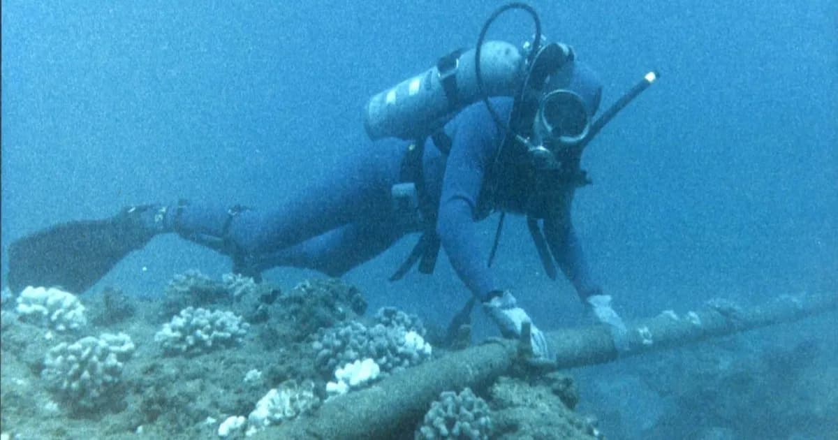 Penyelam SCUBA memeriksa kabel bawah laut di perairan Arktik
