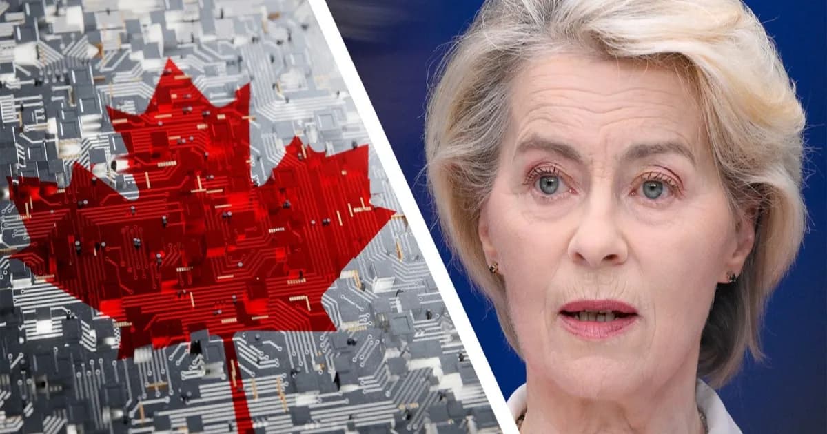 Bendera Kanada dan Presiden Komisi Eropa Ursula von der Leyen dalam ilustrasi kebijakan pengawasan digital