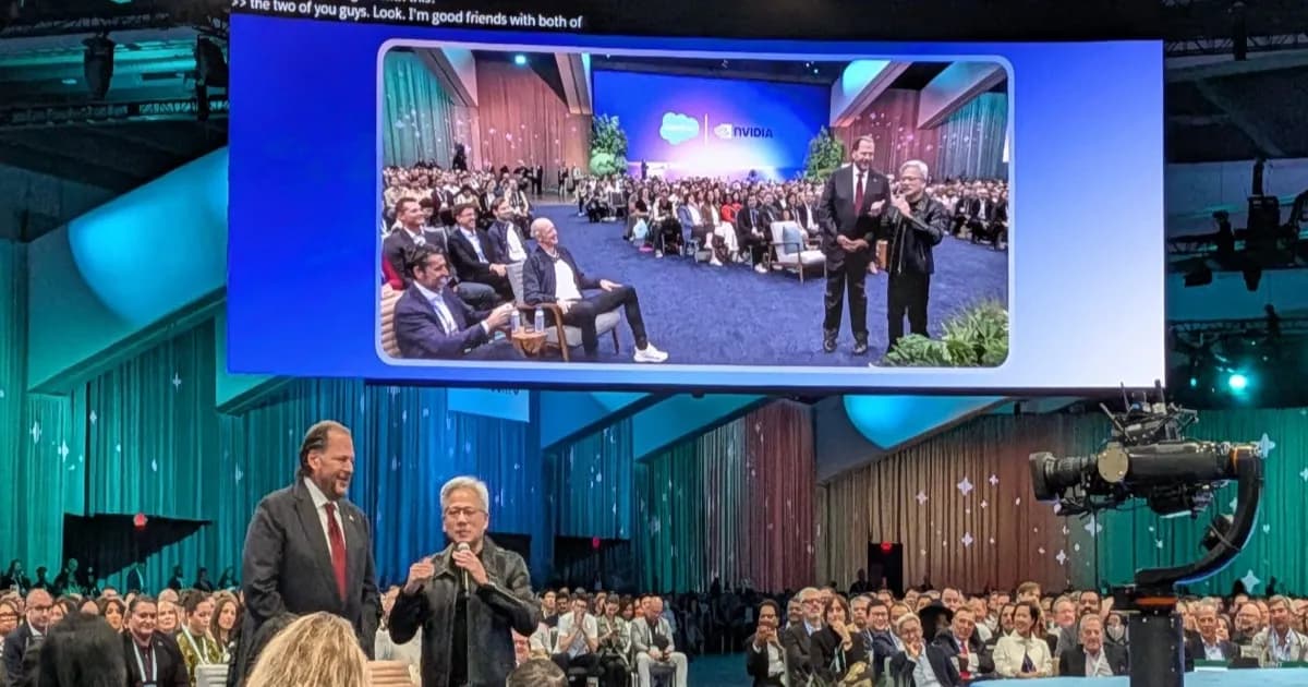 Nvidia CEO Jensen Huang dan Anthropic CEO Dario Amodei berbicara di Dreamforce 2026