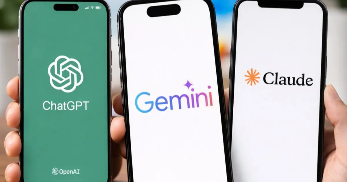 Ilustrasi perbandingan tiga chatbot AI ChatGPT, Gemini, dan Claude pada layar ponsel