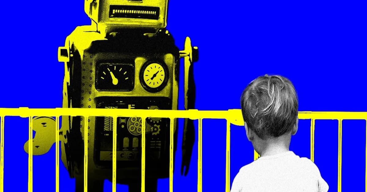 Ilustrasi anak di bawah umur menggunakan chatbot AI dengan ikon perlindungan Uni Eropa