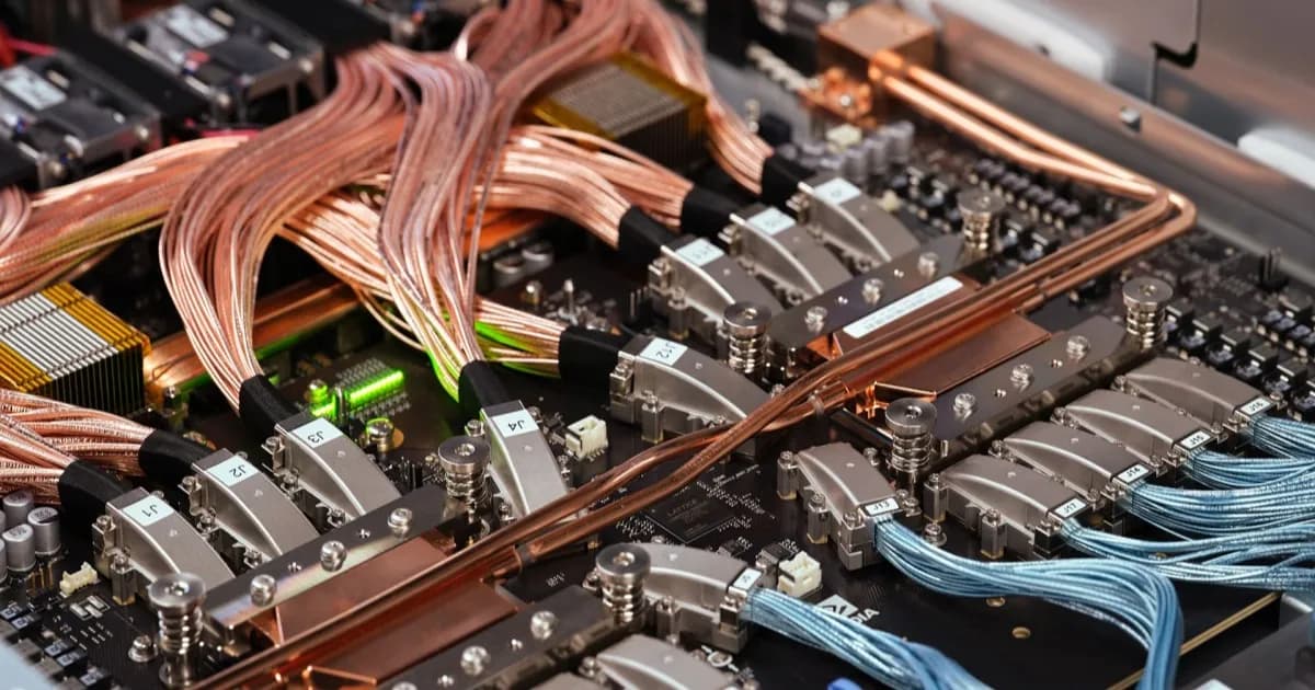 Ilustrasi server AI Apple dengan prosesor M8 Ultra dan teknologi interkoneksi Nvidia NVLink Fusion