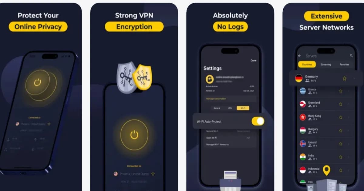 Antarmuka aplikasi CyberGhost VPN di iPhone dengan daftar server yang telah dibangun ulang