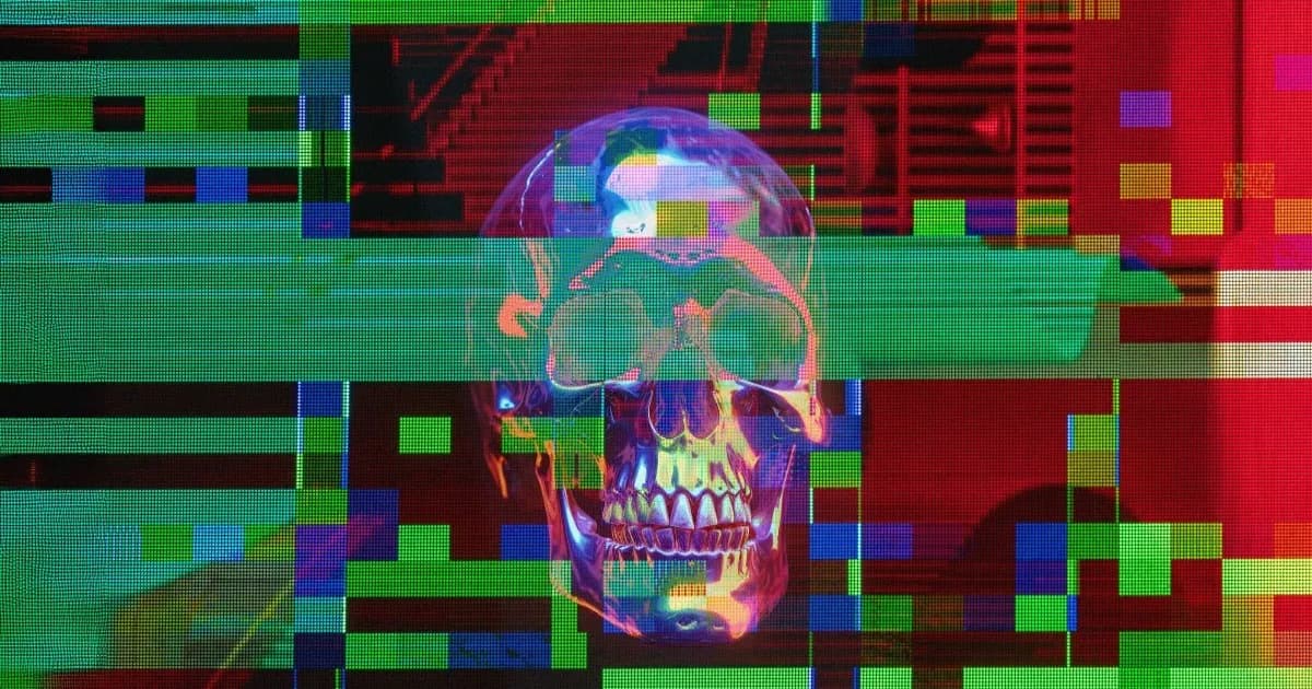 Ilustrasi tengkorak dan glitch art yang menggambarkan kekhawatiran terhadap risiko eksistensial AI