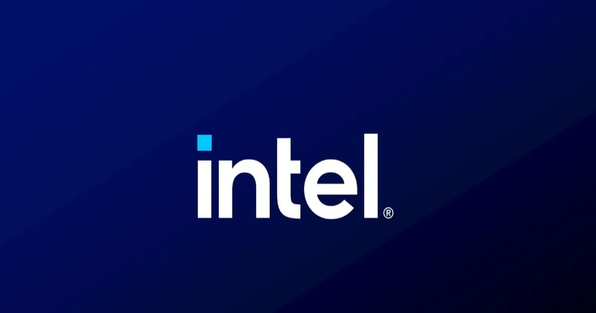 Logo Intel berwarna putih di atas latar belakang biru gelap