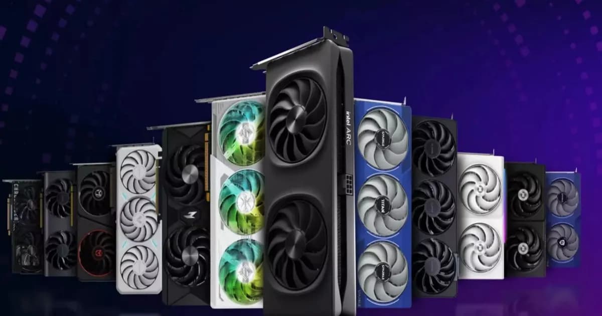 Kartu grafis Intel Arc B-series dengan latar biru dan ungu sebagai ilustrasi pembatalan GPU Intel Arc Celestial