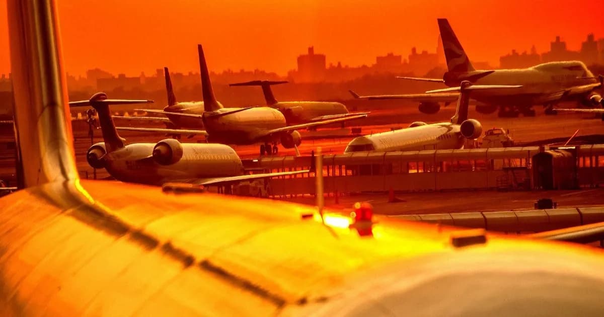 Pesawat terparkir di landasan bandara saat ground stop FAA menunda ratusan penerbangan di Pesisir Timur Amerika Serikat.
