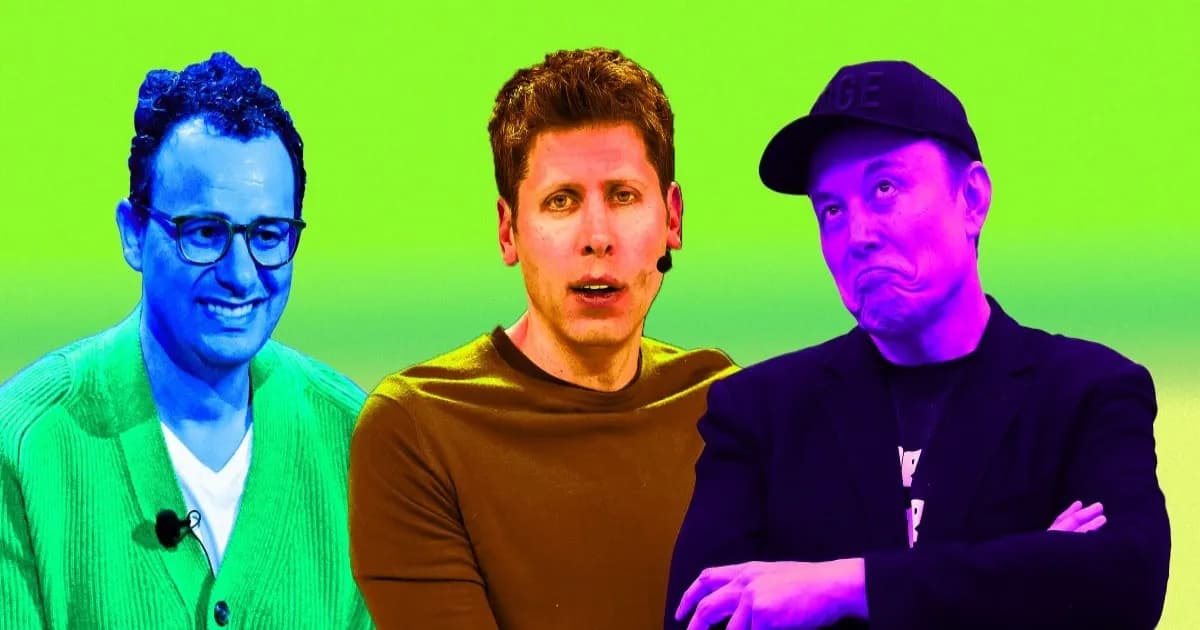 Ilustrasi foto Elon Musk, Sam Altman, dan Dario Amodei dalam artikel tentang perlambatan AI.