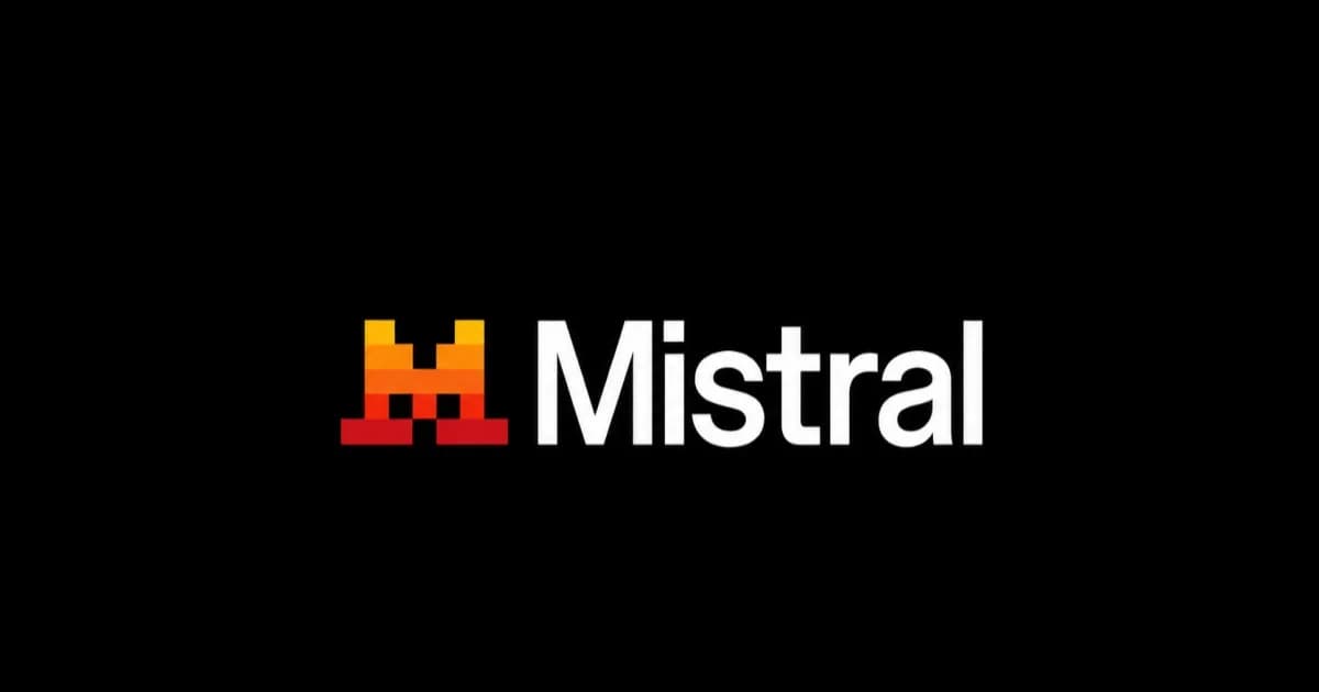 Logo Mistral AI berwarna oranye dengan latar belakang gelap